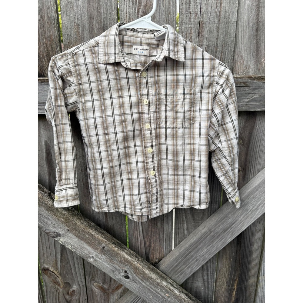 100% Cotton Covington Kids Boys Plaid Button Down Shirt Tan Brown Size M 5-6